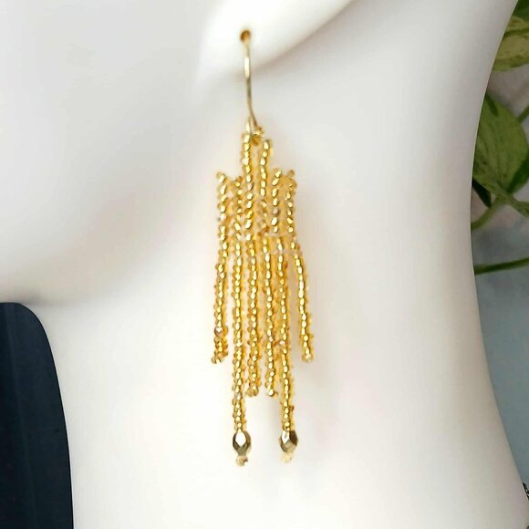 BOGO EARRINGS Gold Beaded Dangle Fringe Earrings, Seed Bead - Picture 1 of 7